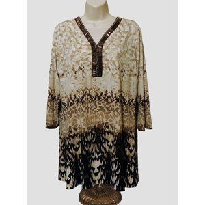 Christopher & Banks Blouse L Brown Tan Shirt 3/4 Sleeves Beaded Poly Blend